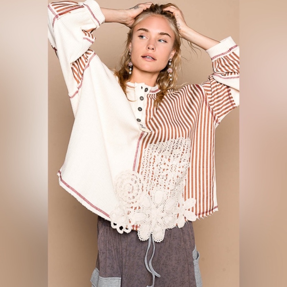 POL Striped Patchwork Top in Cream and Brown